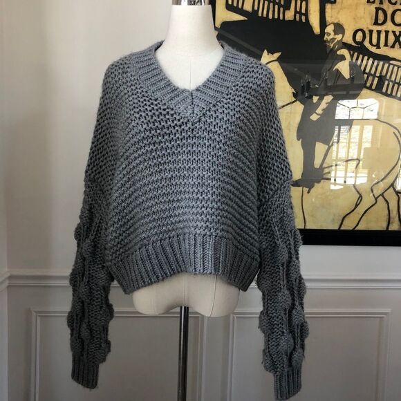 Elan Chunky Knit Cropped Vneck Sweater Grey S - Picture 1 of 9